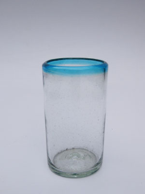 MEXICAN GLASSWARE / Aqua Blue Rim 9 oz Juice Glasses 